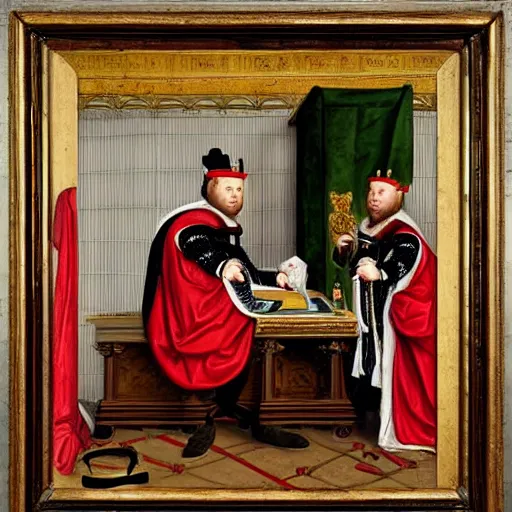 Prompt: king henry viii building a pc, wearing a crown and royal robes, 17th century detailed oil painting with a gilded frame