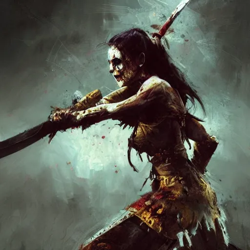 Prompt: a warrior woman with a stunning sword, dead zombie on ground, by craig mullins _ w 7 0 0