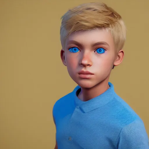 Image similar to a detailed full body of boy with blonde hair and blue eyes, unreal engine 5 rendered, incredibly highly detailed and realistic, 8 k, sharp focus, studio quality