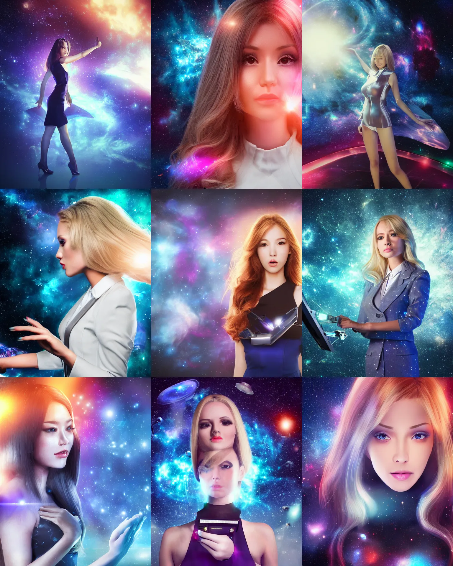 Prompt: photo of a news tv show, news anchor girl with marquee, cybergirl, beautiful face, scifi, nebula, futuristic background, galaxy raytracing, masterpiece, ethereal, beauty, long white hair, blue cyborg eyes, cosmic wind, flow, 8 k high definition, insanely detailed, intricate, innocent, art by akihiko yoshida, antilous chao, woo kim