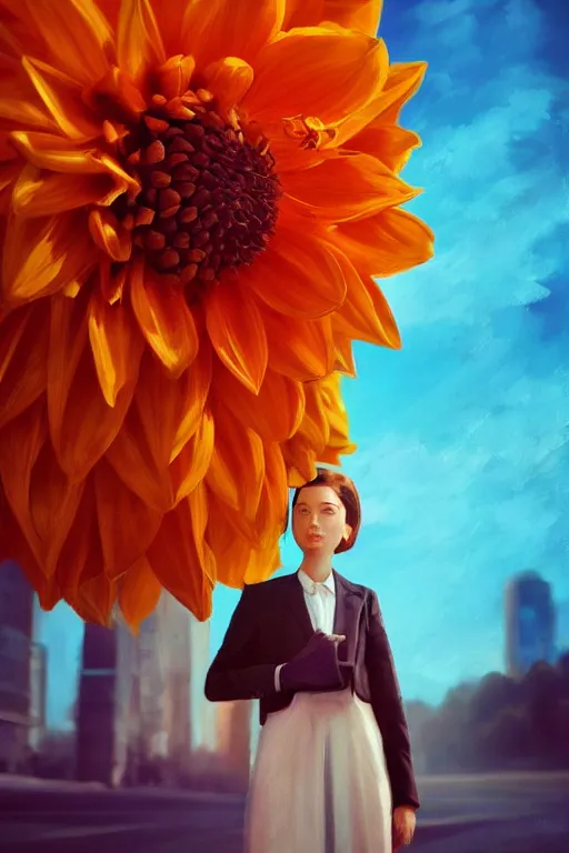 Image similar to closeup giant dahlia flower head, girl in a suit, street, surreal photography, blue sky, sunrise, dramatic light, impressionist painting, digital painting, artstation, simon stalenhag