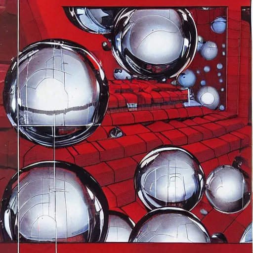 Prompt: chrome spheres on a red cube by katsuhiro otomo