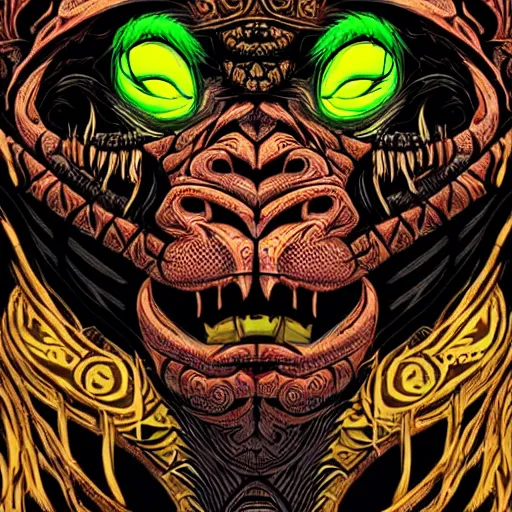 Prompt: barong family member face, face close up, wiwek, mara demon, one single tribe member, jungle, one single mask, dark, ancient warrior, gorilla, lizard, tribal, inner glow, art by dan mumford and justin gerard