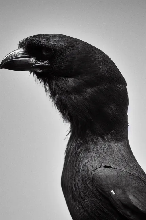 Prompt: a profile shot of a man with the head of a crow, 8k, hyperrealism, cinematic lighting