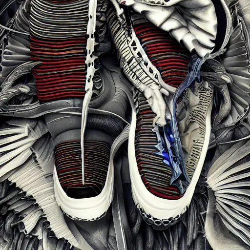 Prompt: futuristic balenciaga and vetements sneakers by aaron horkey, trending on artstation, skeleton, ultra rendered extreme realism and detail, 8 k, highly detailed, realistic, completely framed, pbr, surreal, hyper realistic, colorful, direct lighting, 3 5 mm photo, photorealistic, sharp focus,