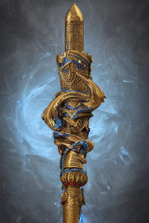 Image similar to an ornate and royal egyptian old twisted ornate carved wooden wizards staff weapon with a radiant blue crystal on top tip hovering, unreal engine, hyper realism, realistic shading, cinematic composition, blender render, octane render, hdr, detailed textures, photorealistic, 3 5 mm film, fantasy greg rutkowski digital painting, giger