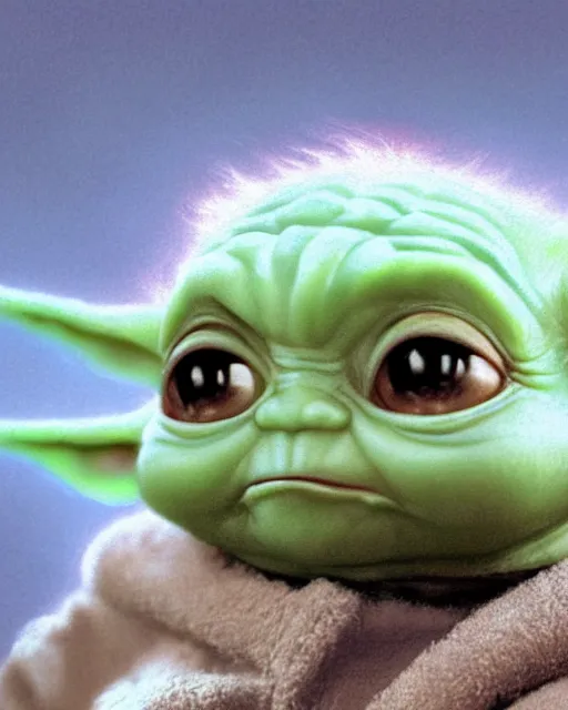 Image similar to a cute closeup portrait of cute Baby Yoda by Craig Mullins; beauitiful; realistic-lighting; anatomically-correct; 90mm; f/1.4