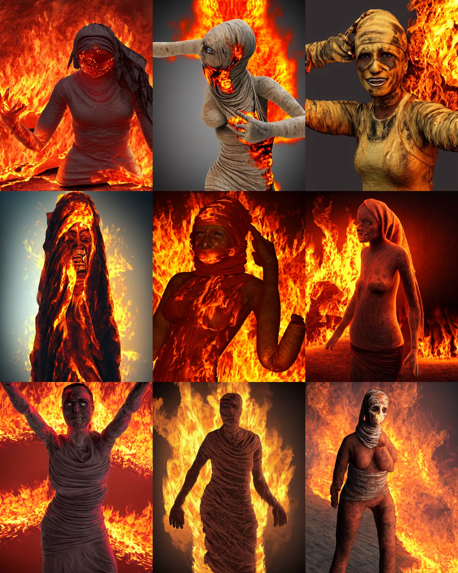 Prompt: mummy, on fire, wraps visible, 4 k realistic
