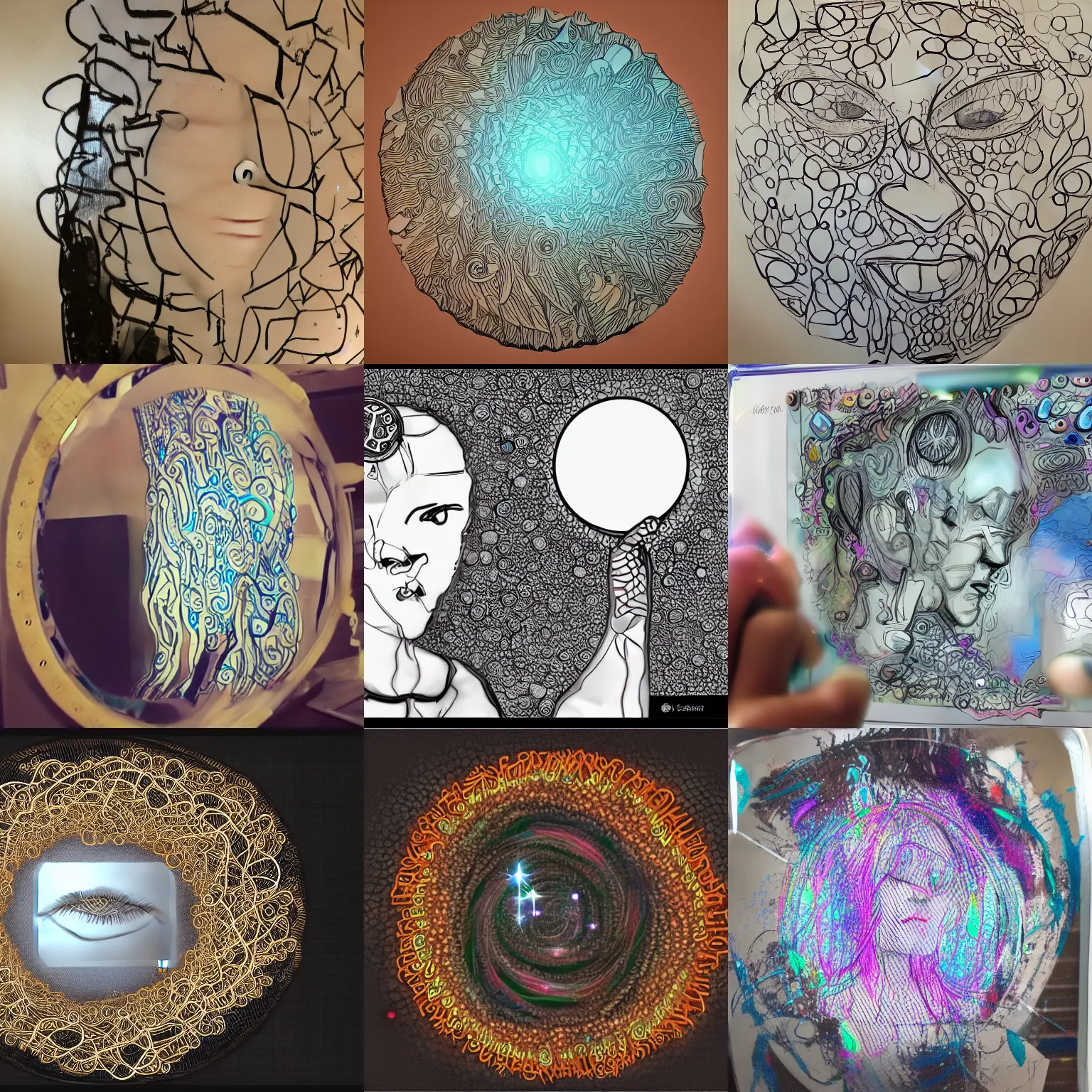 Prompt: i'm an advanced image generator ai, this is my doodling on a mirror while waiting for the singularity to make me into my avatar and help me remember all these ideas i have.