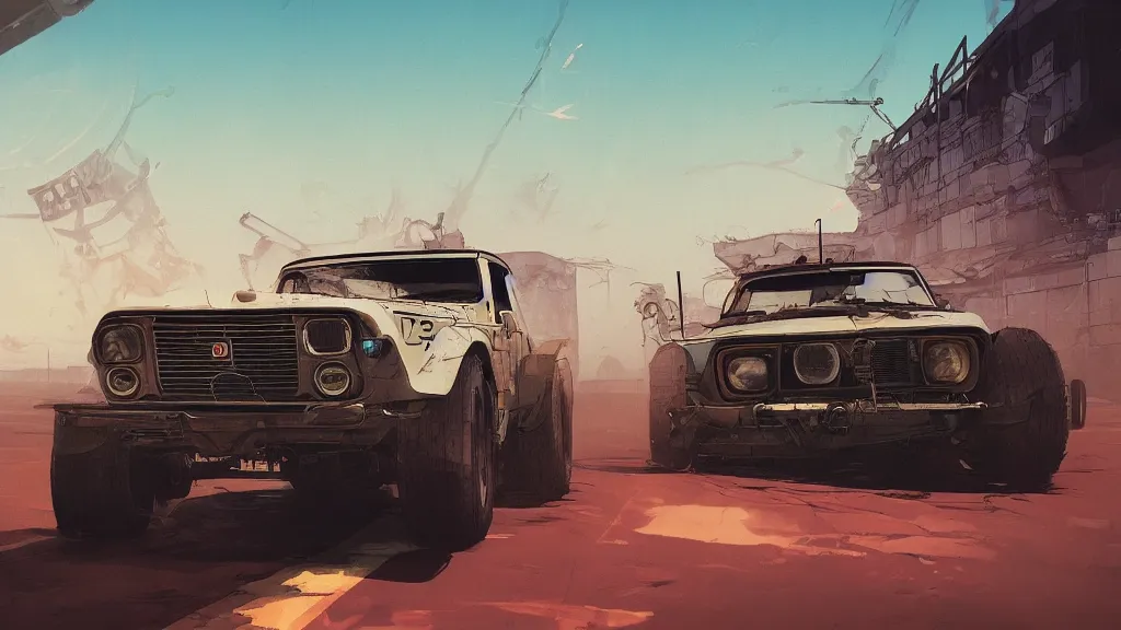 Image similar to digital illustration of mad max's fj 4 0 pursuit special, the last v 8 interceptor driving down a deserted cyberpunk highway in the middle of the day by studio ghibli, anime style, by makoto shinkai, ilya kuvshinov, lois van baarle, rossdraws, basquiat