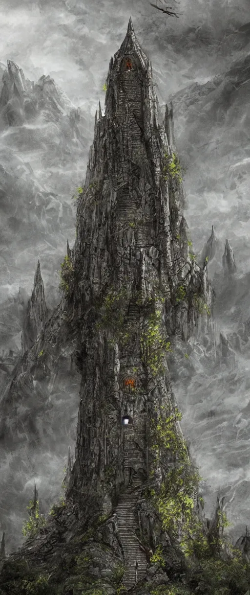 Image similar to lord of the rings high medieval tower with dark stones. the tower is on a hill. there are stone ruins at the bottom. a dark forest is all around the tower. illustration on artstation