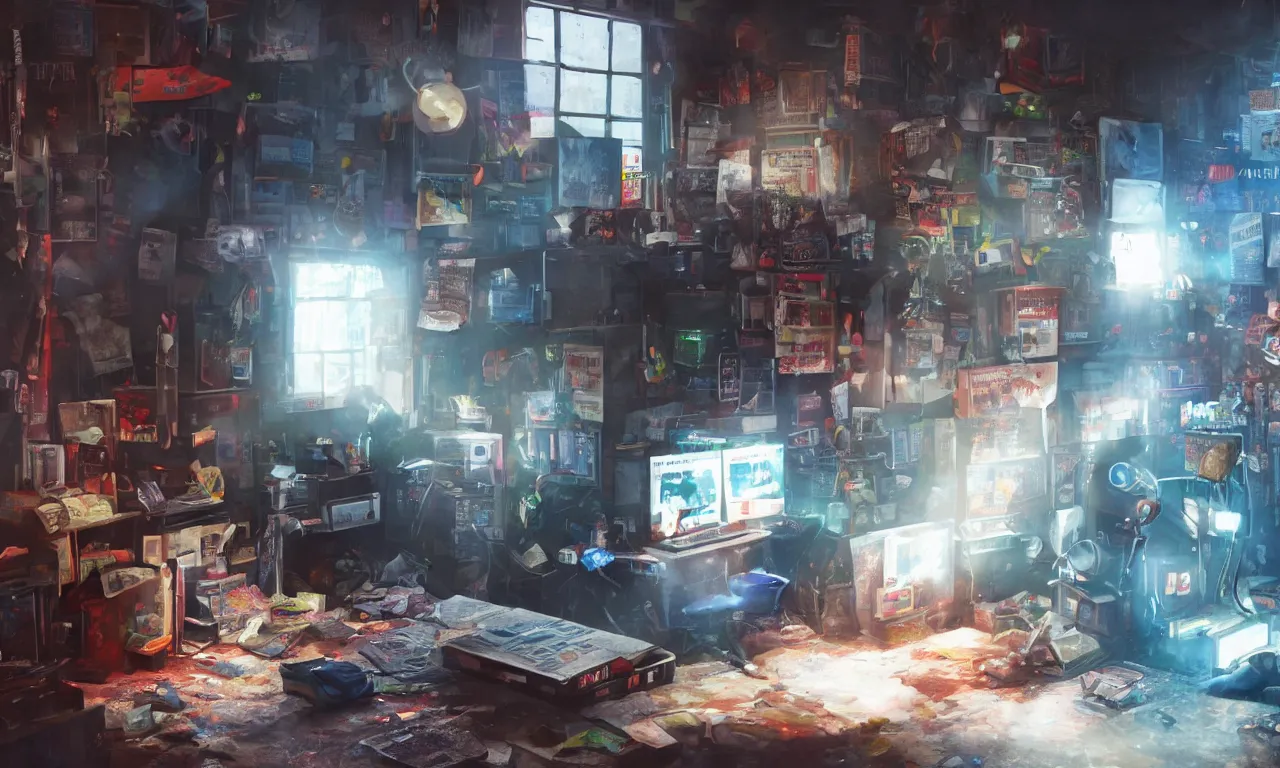 Prompt: A highly-detailed messy hacker's bedroom, by Kung Fury, by Ready Player One, by Mr Robot, digital art, realistic volumetric lighting, realistic reflections, rendered by Octane, highly realistic, 4k wallpaper, trending on Artstation