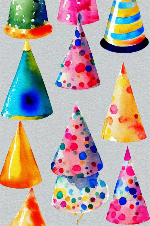 Image similar to minimalist watercolor art of birthday party hats on white background, illustration, vector art
