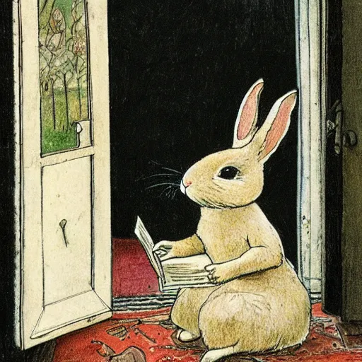 Prompt: a rabbit writing a letter inside a small room, in the style of carl larsson