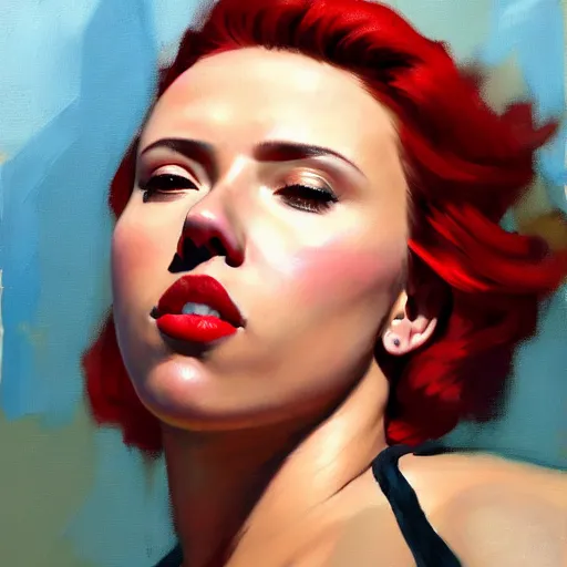 Image similar to greg manchess portrait of scarlett johansson as thick very muscular weightlifter with red hair and black lips, eyes closed, medium shot, asymmetrical, profile picture, organic painting, sunny day, matte painting, bold shapes, hard edges, street art, trending on artstation, by huang guangjian and gil elvgren and sachin teng