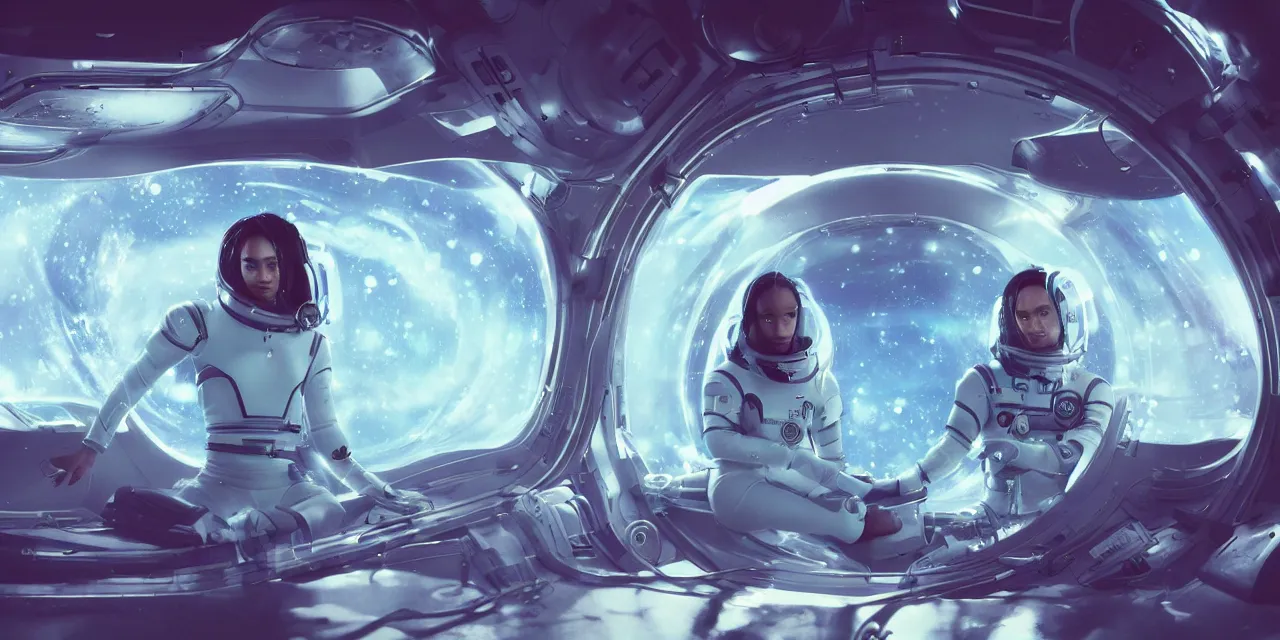 Image similar to Zoe Kravitz futuristic astronaut, inside large window of ship, spacesuit with small led lights, underwater in the ocean at night, clear water, bubbles, volumetric lighting, glowing lights, 4k, octane, digital painting, artstation, concept art, sharp focus, illustration, high contrast, high saturation , cinematic film still, art by artgerm and greg rutkowski and alphonse mucha , wide angle view,