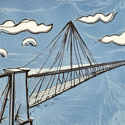 Image similar to small steel suspension bridge built in 1 9 2 8, side view, puffy clouds in background, dooby is flying in the sky, woodcut style, rubber stamp, 8 k