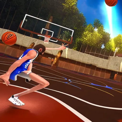 Image similar to 3 d atmospheric ps 5 video game screenshot of caveman extreme basketball