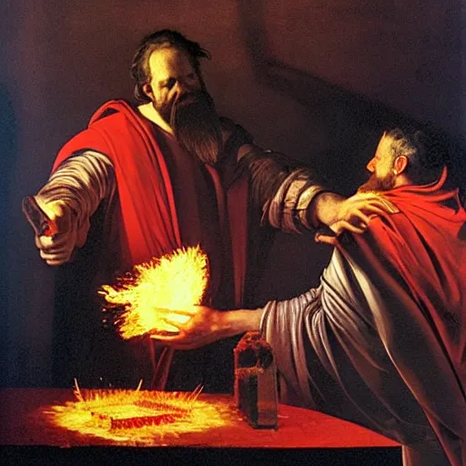 Prompt: God of forging and fire hephaistus creating the first artificial neural network in his volcanic laboratory, hephaistos has a beard and a red cape and is very strong, cinematic lighting, dark background, painting by caravaggio