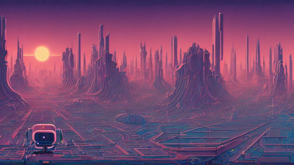 Image similar to surreal robot city at the other side of nowhere, sharp digital painting. dreaming latent space. concept art. artstation. casey weldon. digital render. dan mumford. clean retro. bruce pennington.