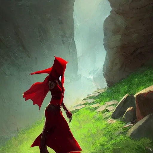 Prompt: a beautiful illustration of a woman with red hood walking between rocks, by greg rutkowski, digital artwork, artstation, cgartists, conceptartworld, deviantart, magic the gathering artstyle, floating magical rocks, lush green meadow