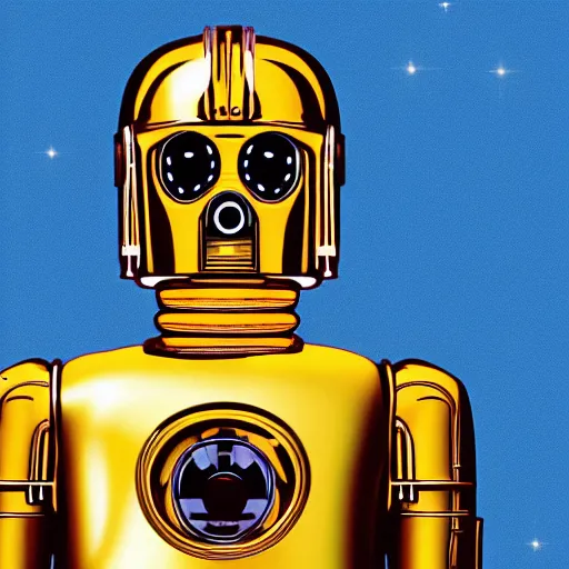 Image similar to entire body portrait of Simpson as C3PO in star wars, background blue sky puffy clouds cinematic 4k