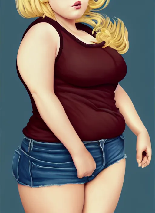 Image similar to full body portrait, teenage betty cooper, blonde hair, obese, bangs, ponytail, sultry, realistic, sultry smirk, fluffy bangs, curly bangs, fat, belly, beautiful girl, intricate, elegant, highly detailed, digital painting, artstation, concept art, smooth, sharp focus, illustration, art by wlop, mars ravelo and greg rutkowski