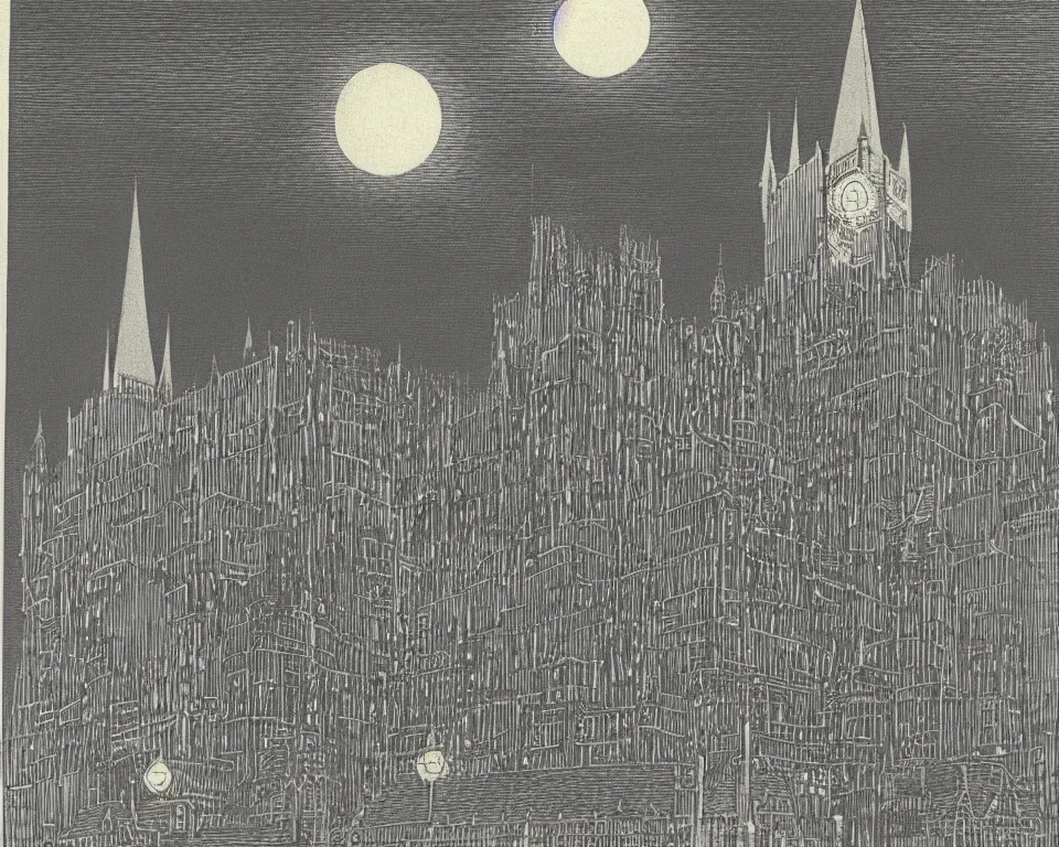 Prompt: achingly beautiful print of British Parliament bathed in moonlight by Hasui Kawase and Lyonel Feininger.