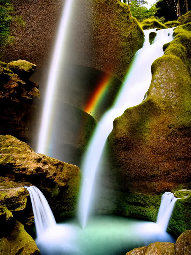Image similar to artdeco waterfall cascading onto rocks, small rainbow emerging in background, ethereal, beautiful scenery,