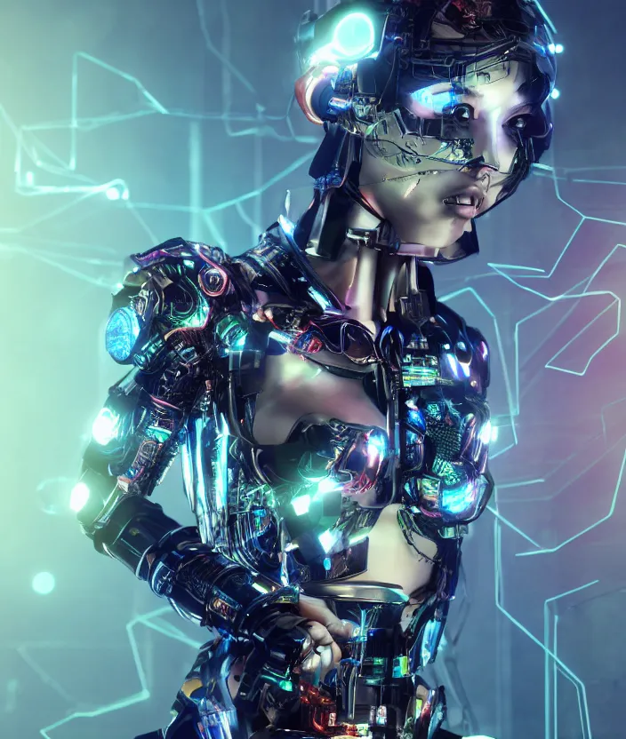 Prompt: japanese model cyborg with digital led skin, neon lighting, techno neon projector background by akihiko yoshida, portrait photo, intricate details, ultra realistic, unreal engine 5, depth of field, bokeh, octane render