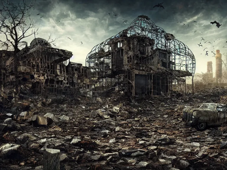 Image similar to postapocalyptic picture of black raven in cage, very emotional, ruins around, nuclear explosion, erik johansson style, conceptual art, the last day on the earth, insane detail, hyper realistic 8 k textured