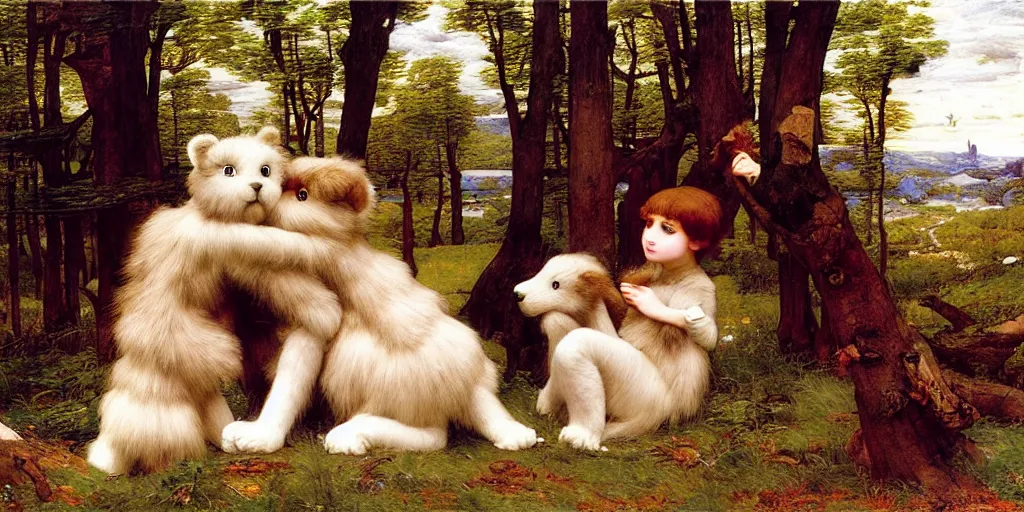 Image similar to 3 d precious moments plush animal, realistic fur, dead trees, master painter and art style of john william waterhouse and caspar david friedrich and philipp otto runge