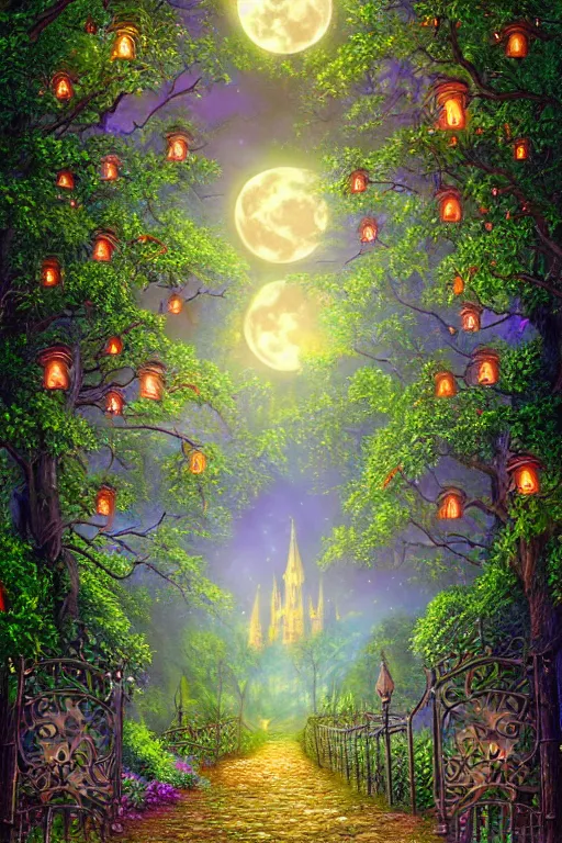 Prompt: a beautiful digital illustration painting of a detailed gothic fantasy fireflies forest trees and iron gate cobblestone pathway vines full moon by lisa frank, james gurney, 8 k resolution trending on artstation concept art digital illustration