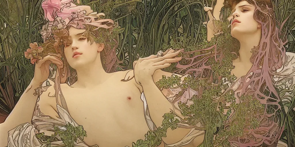 Prompt: alphonse mucha masterpiece, hyperrealistic surrealism, award winning masterpiece with incredible details, epic stunning, infinity pool, a surreal vaporwave liminal space, highly detailed, trending on ArtStation, calming, meditative, pink arches, flowing silk sheets, palm trees, very vaporwave, very very surreal, sharp details, dreamscape