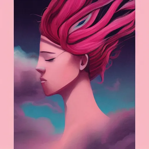 Image similar to woman, pink clouds, by loish