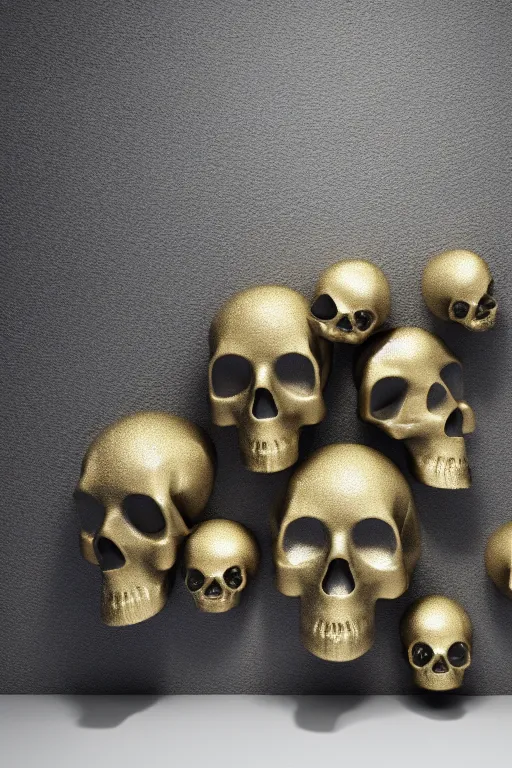 Image similar to 3 d render by daniel arsham of melting solid gold skulls, reflective, volumetric lighting, on clean white background