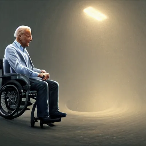 Image similar to hyperrealistic mixed media image of joe biden in a wheelchair wearing a bicycle!! helmet!!, stunning 3 d render inspired art by istvan sandorfi and greg rutkowski, perfect facial symmetry, realistic, highly detailed attributes and atmosphere, dim volumetric cinematic lighting, 8 k octane extremely hyper - detailed render, post - processing, masterpiece,