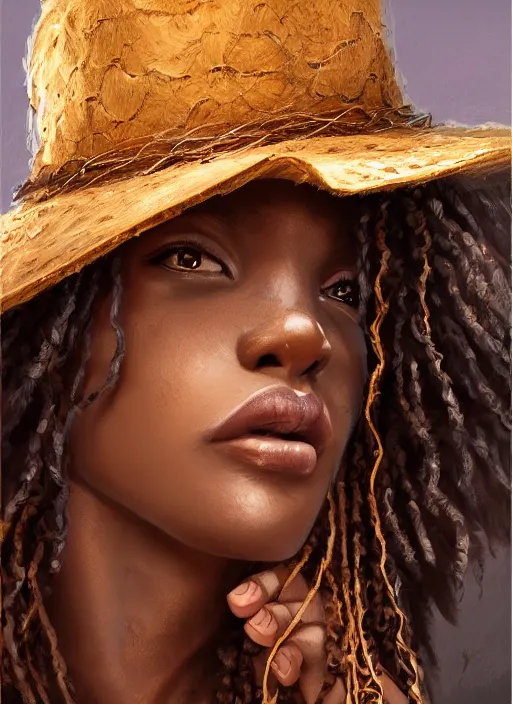 Image similar to a highly detailed illustration of long curly haired african girl wearing cowboy hat and brown poncho, dramatic playing banjo pose, intricate, elegant, highly detailed, centered, digital painting, artstation, concept art, smooth, sharp focus, league of legends concept art, WLOP