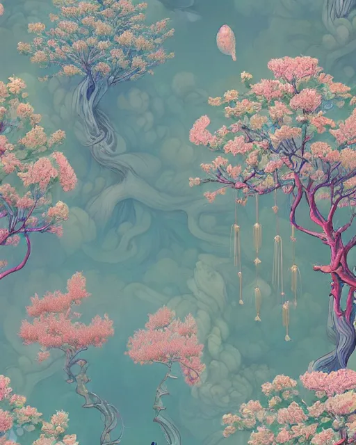 Prompt: astral floral tree wallpaper, chinoiserie pattern, peter mohrbacher, alena aenami