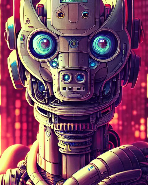 Image similar to robot, character portrait, portrait, close up, concept art, intricate details, highly detailed, sci - fi poster, cyberpunk art, in the style of disney, katsuhiro otomo