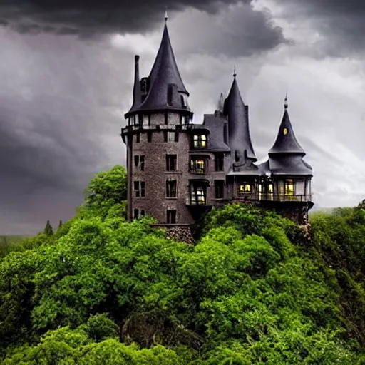 Prompt: dark stormy towering castle with lots of turrets on a cliff, thunder and lightning, atmospheric fantasy