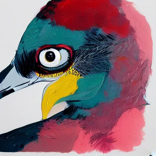 Image similar to aggressive pigeon, painted by Conrad Roset, detailed brushstrokes