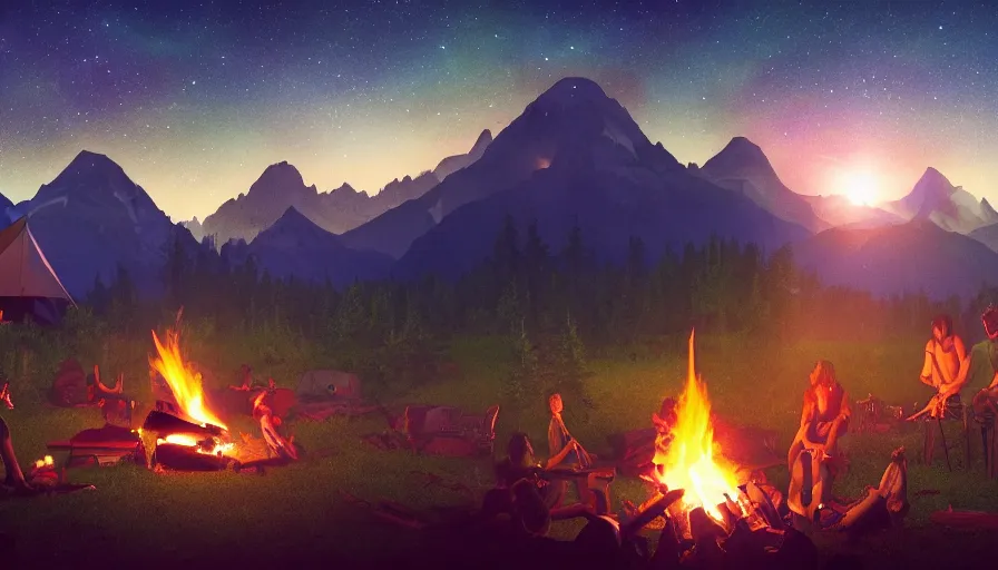 Prompt: survivor camp with campfire at night, guitar, tents, hill, mountains, forest, stars in the sky, hyperdetailed, artstation, cgsociety, 8 k