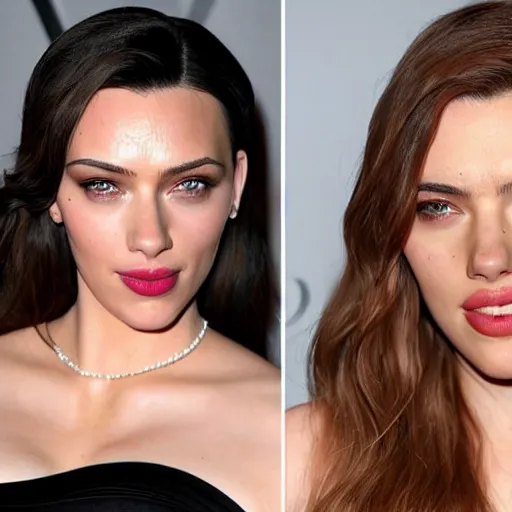 Image similar to a woman who is a genetic combination of kim kardashian and kat dennings and scarlett johansson and margot robbie and emma watson, face and upper - body focus, detailed eyes