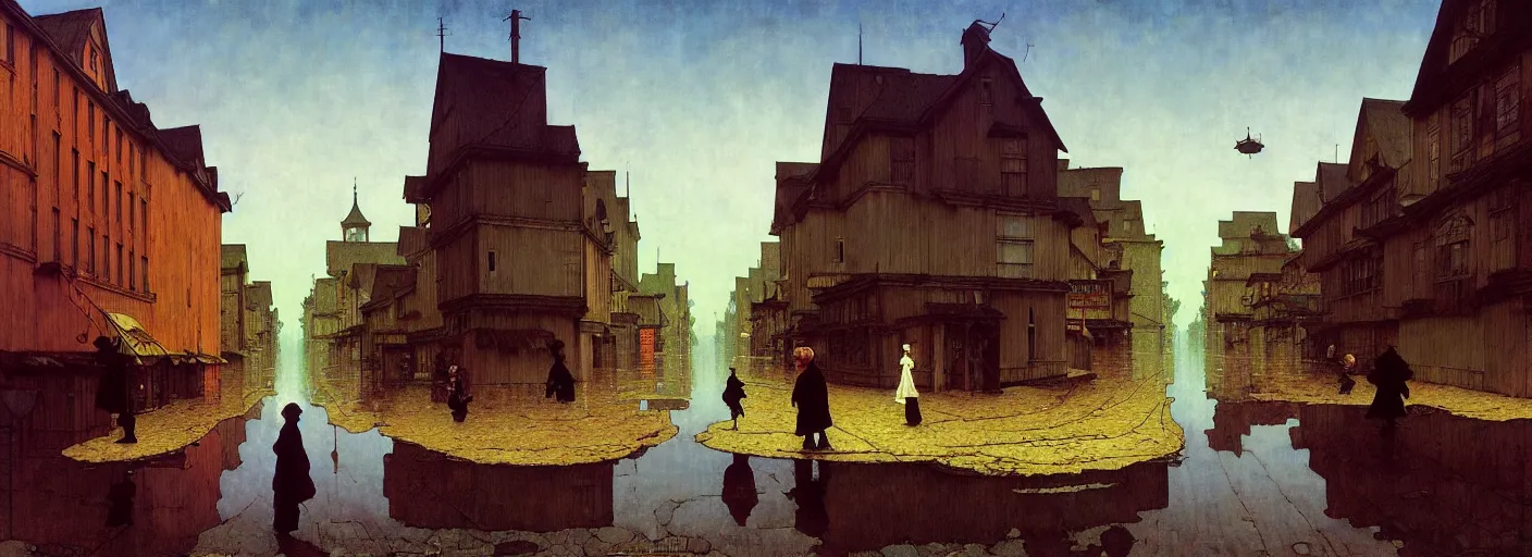 Image similar to flooded old wooden city street, very coherent and colorful high contrast masterpiece by norman rockwell rene magritte simon stalenhag carl spitzweg jim burns, full - length view, dark shadows, sunny day, hard lighting, reference sheet white background