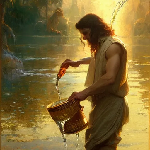 Prompt: stunning male wizard casting his water spell, highly detailed painting by gaston bussiere, craig mullins, j. c. leyendecker, 8 k