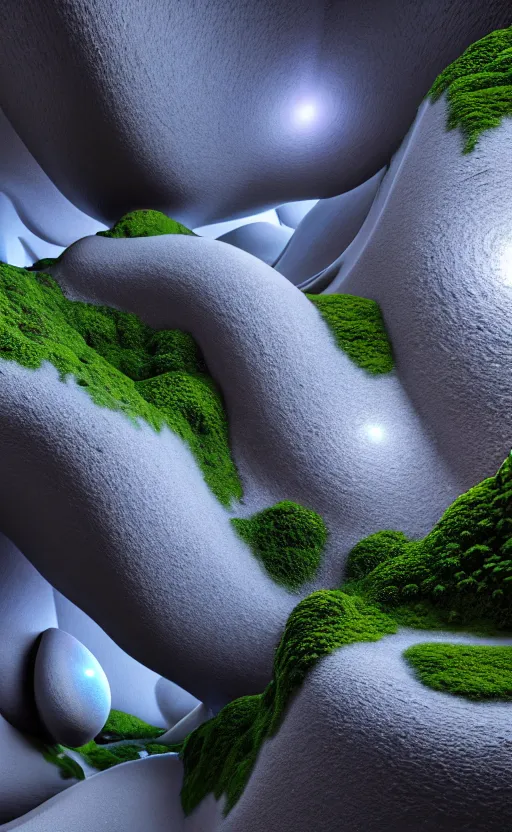 Image similar to highly detailed ultra sharp 3 d render cinematic composition of a smooth ceramic porcelain biomorphic magnolia stone nebula fluid fractal sci - fi surreal architecture landscape, granite, metallic, magnesium, marble, moss and lichen, vincent callebaut composition, mamou - mani, archviz, beautiful lighting, 8 k, unreal engine, hdr,