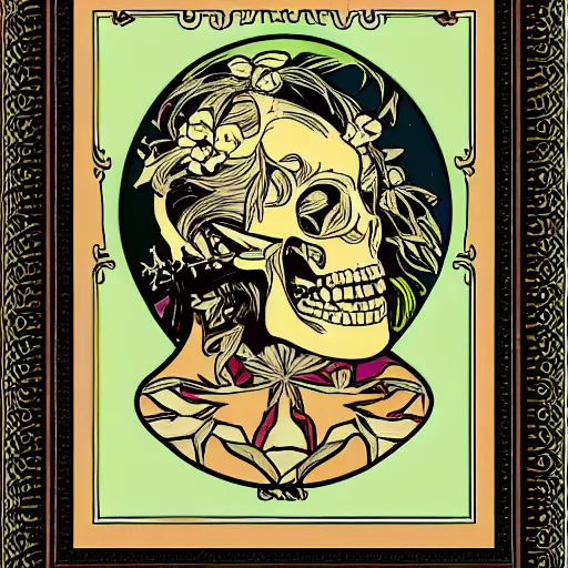 Prompt: ape portrait skull skeleton dreaming in the style of Alphonse Mucha illustration pop art