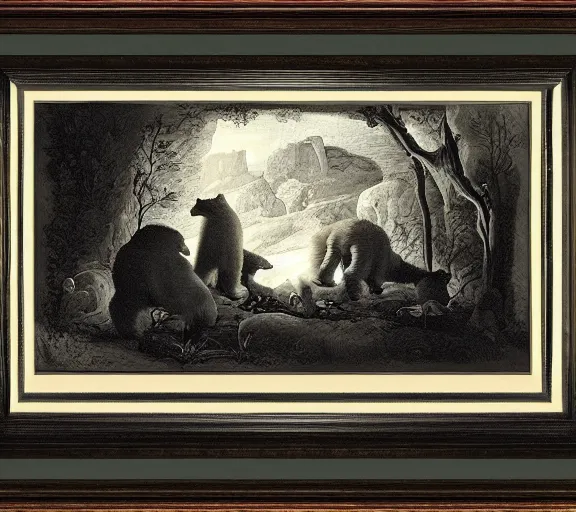 Image similar to viewer looking into dark cave and seeing a mother bear and her cubs sleeping, night time, artwork by Pieter Claesz, cross hatching, framed painting,