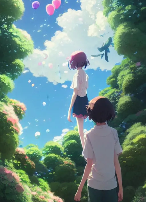 Image similar to girl stand in the a balcony where plants and flowers all around, she is watching a lot of balloons flying over, epic perspective, illustration concept art anime key visual trending pixiv fanbox by wlop and greg rutkowski and makoto shinkai and studio ghibli